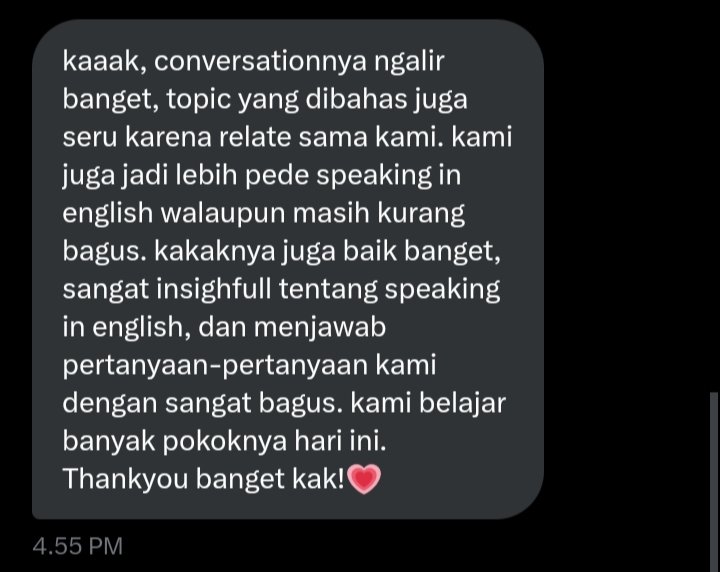 Hellowqween's tweet image. Testi kelas speaking 😁 Kalau butuh private/tutor bahasa Inggris, bareng aku aja yukk. Aku buka private les bahasa inggris via online. Boleh dm/wa aku buat tanya2 yaa 😊