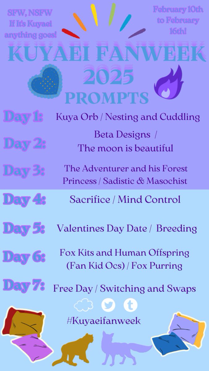 Kuyaeifanweek's tweet photo. Kuyaei Fanweek 2025 Prompts are here! 
The week will take place from February 10th to February 16th! You can use the prompts to create whatever you'd like as loosely or strictly
Use #Kuyaeifanweek and our a03 collection Kuyaeifanweek_2025
More info below⏬️
Likes &amp; shares 💙💜 https://t.co/N8PUaO8xRF
