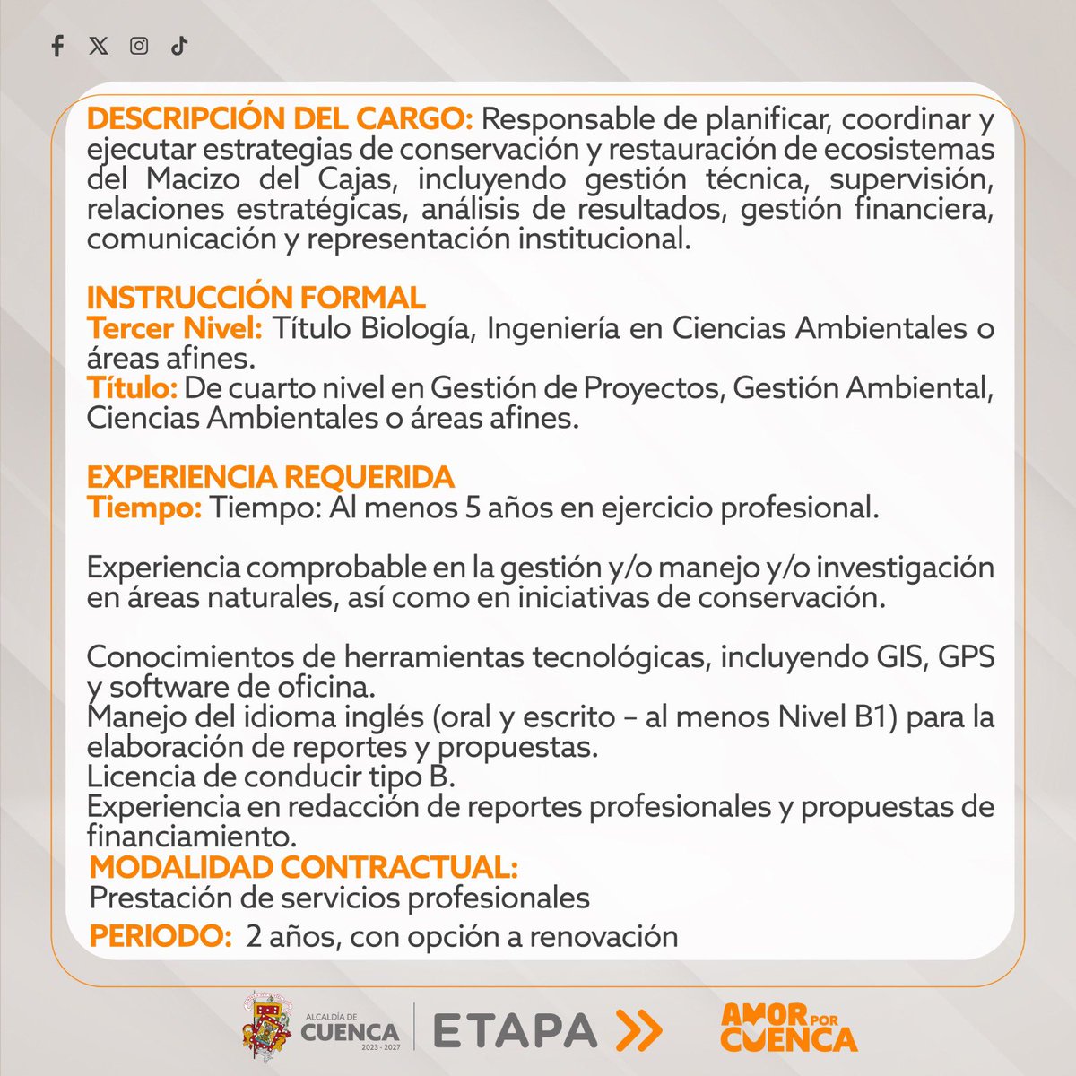 ETAPAOficial's tweet photo. #OfertaLaboral 🚨 Postula al cargo de “Secretaría Técnica del Comité de Conservación y Restauración del Macizo del Cajas”.

🗓️ Plazo: hasta 10/01/2025, a las 23:59.
📩 Envía tu postulación al correo: ecomacizocajas@etapa.net.ec

📄 Info:

https://t.co/Ln4qQpeiBG

@czamoramatute https://t.co/5OMeJtgjCP