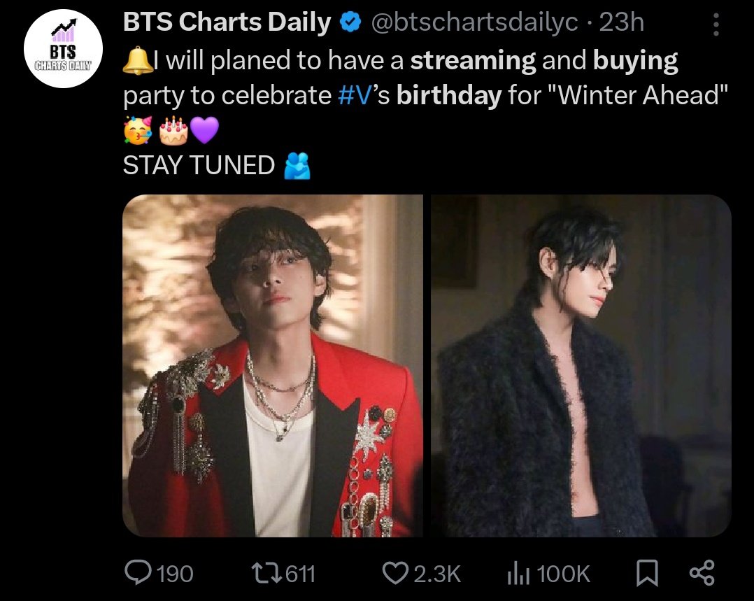echo 🧣 (@ksjclipss) on Twitter photo “i will start doing streaming and buying party to celebrate all members (except jin's) birthday 💜 STAY TUNED”
— <a href="/btschartsdailyc/">BTS Charts Daily</a> (2024) “i will start doing streaming and buying party to celebrate all members (except jin's) birthday 💜 STAY TUNED”
— <a href="/btschartsdailyc/">BTS Charts Daily</a> (2024)