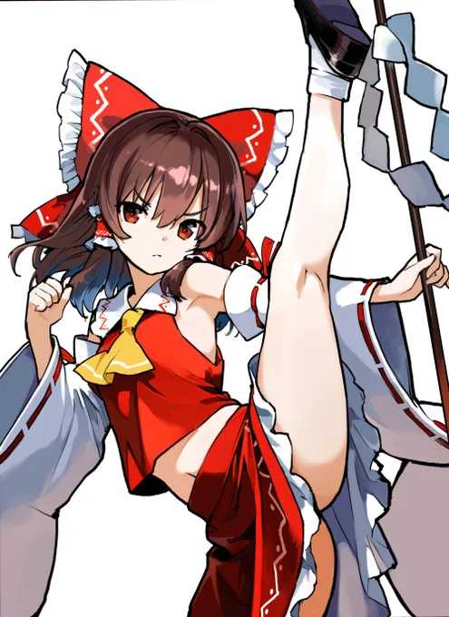 本日の一枚 501枚目  #本日の一枚 #東方 #博麗霊夢 1枚目ハイキック霊夢完成版 2枚目背景抜き 3枚目下絵で描いた線画に直に色付けしたもの 