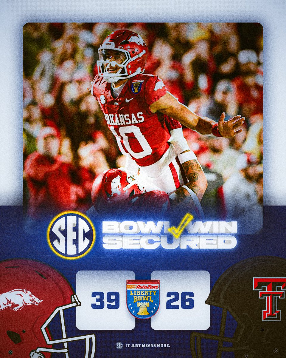 SEC's tweet photo. BOWL WIN SECURED. ✔️

Let it ring! 🔔 @RazorbackFB rolls past Texas Tech in the @AZOLibertyBowl!

@BowlSeason x #ItJustMeansMore