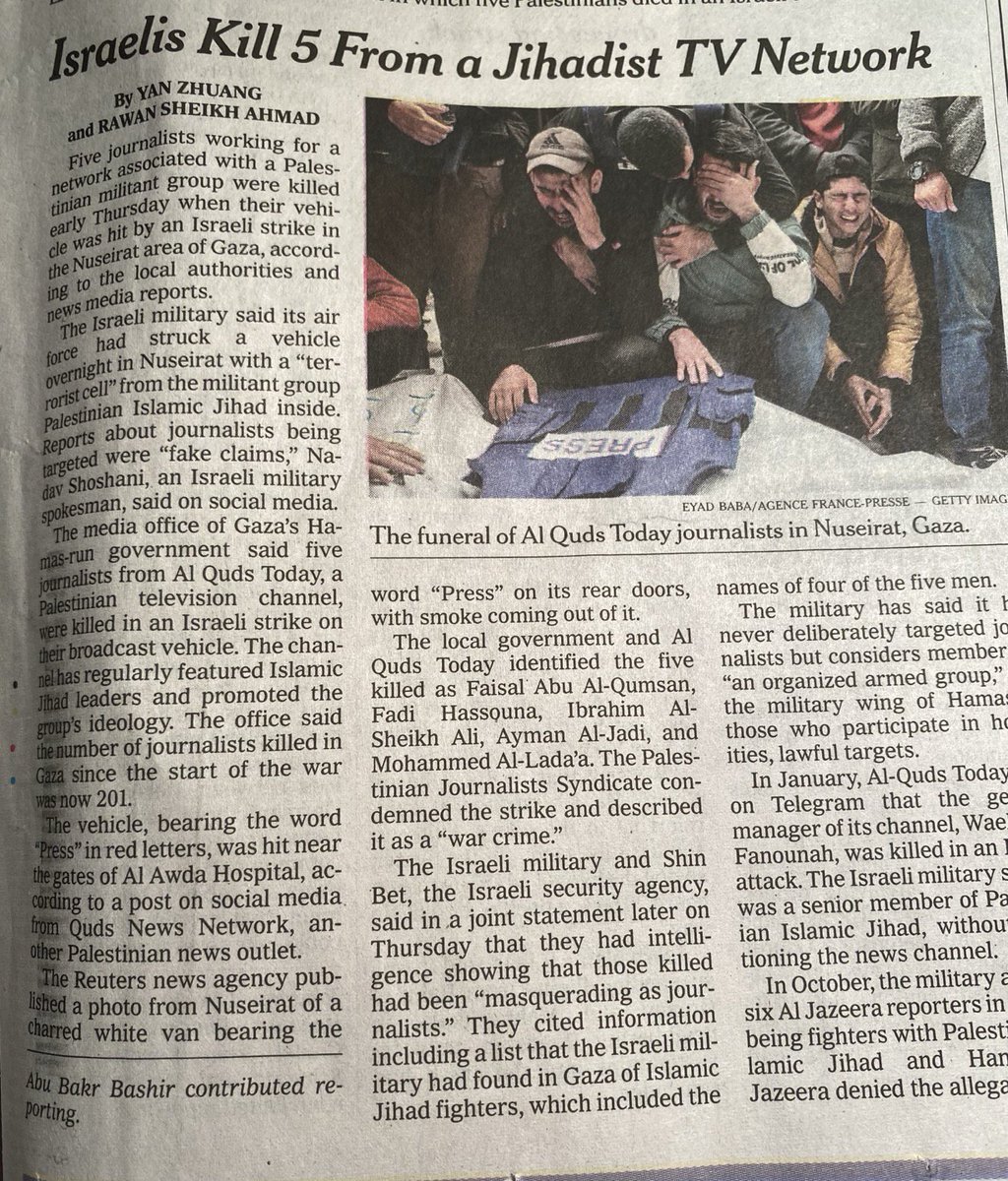 Prof Lyla Mehta (@lylamehta) on Twitter photo Terrible piece in the New York Times justifying the killing of five journalists in Gaza & parroting IDF propaganda. Shameful journalism <a href="/nytimes/">The New York Times</a>
#newyorktimes #Gaza Terrible piece in the New York Times justifying the killing of five journalists in Gaza & parroting IDF propaganda. Shameful journalism <a href="/nytimes/">The New York Times</a>
#newyorktimes #Gaza
