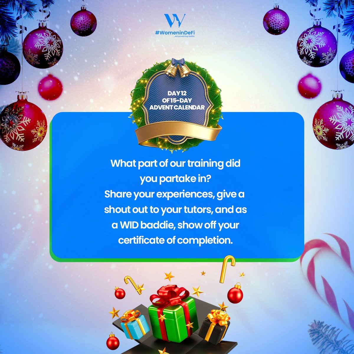 womenindefi_org's tweet photo. It's day 12 of our 15-day advent calendar Christmas campaign.

3 more days to go! well done 👏 

We've had series of trainings that you have been part of right?

For today's task, we want you to highlight the training you were part of, give a shout out to your tutors, and as a certified WID baddie, show off your certificate of completion.

Let's go.