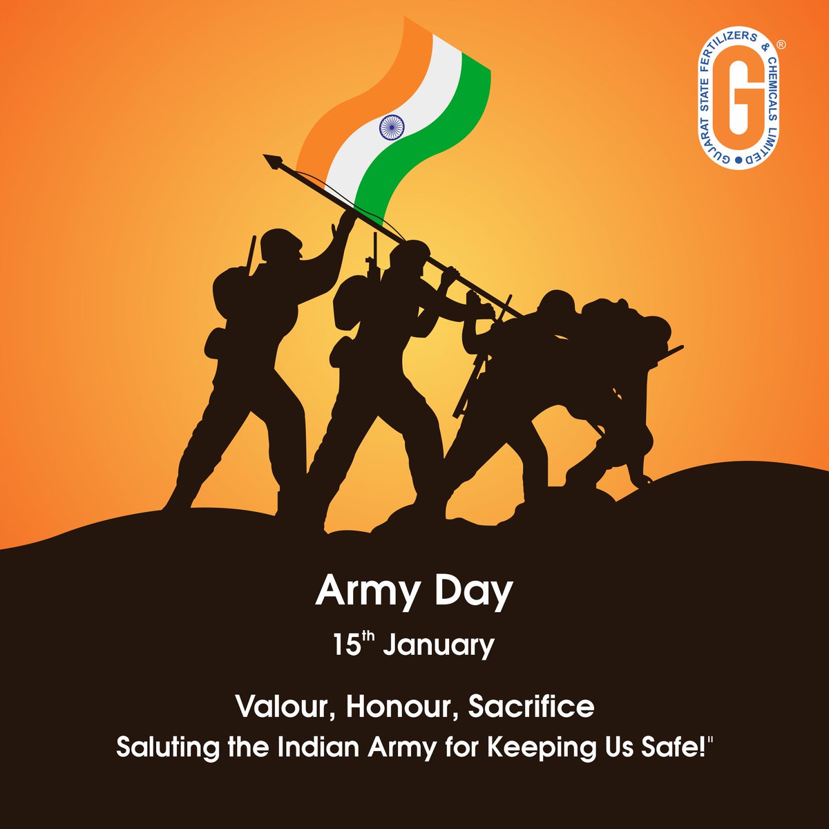 GSFCIndia's tweet photo. 🪖 Valour, Honour, Sacrifice 🇮🇳

On Army Day, GSFC salutes the dedication and sacrifice of the Indian Army, protecting our nation with pride and strength.

#GSFC #ArmyDay #ValourAndHonour #SalutingOurForces https://t.co/iVivaVMMlj