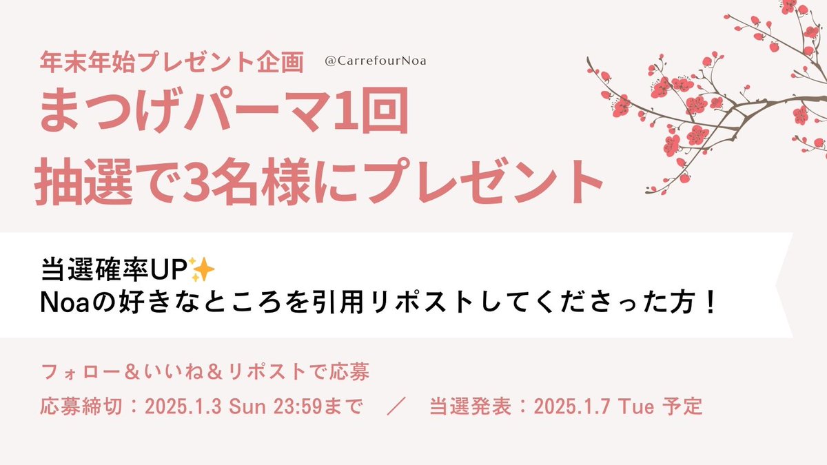 CarrefourNoa's tweet photo. 12月年末年始プレゼント企画

アンケートで1位だった「まつげパーマ1回プレゼント」が抽選で3名様に当たる♪

🎁応募方法
フォロー・いいね・リポストで応募完了✨
→当選確率UP：Noaの好きなところを引用リポスト

📅応募締め切り
2025年1月3日23:59まで

🎉当選発表
2025年1月7日予定 https://t.co/SPxifeIDxT