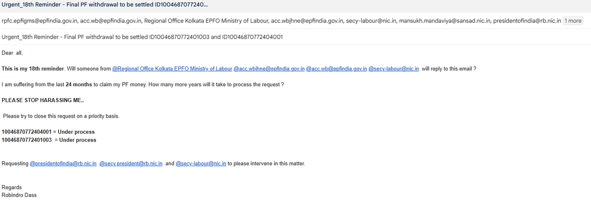 DassRobindro's tweet photo. @socialepfo @mygovindia @PMOIndia This is my 18th reminder to @socialepfo and @epfokolkata 
Will @LabourMinistry will take any action on it ? or all are same ?

10046870772404001
10046870772401003
@rashtrapatibhvn 
@ilo 
@PMOIndia 
@OfficeOf_MM 
@mansukhmandviya 
@efi1933 https://t.co/hNpHPcKhsd