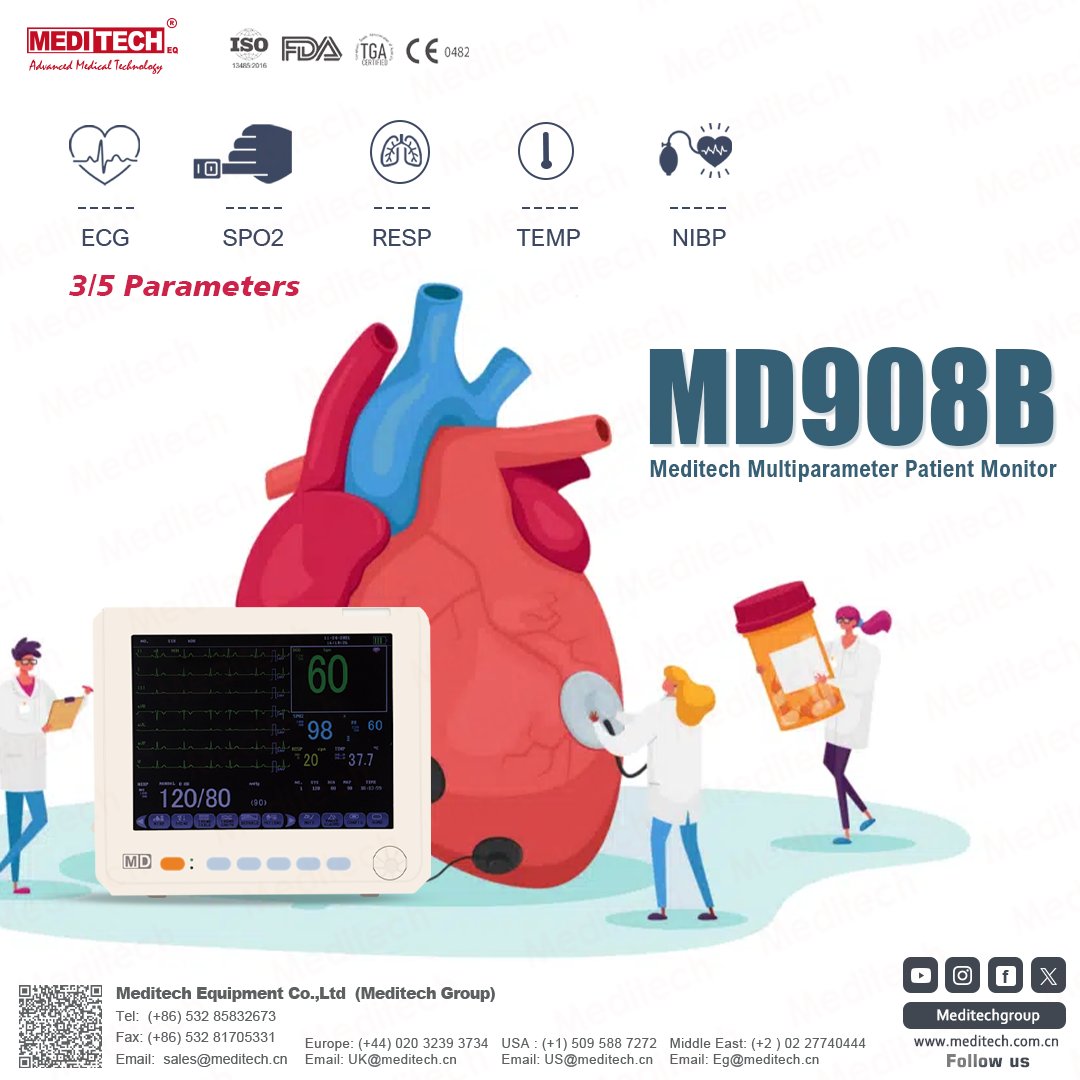 MeditechVet's tweet photo. MD908B
Meditech Patient Monitor
Features :
-8 Inch color Display
-Parameters ( ECG , SPO2 , NIBP , Temp , HR and Resp )
-light weight
-Voice Alarm
#patientMonitor #Monitors #Patient #Meditech
#MeditechGroup #ECG #HR #RESP #TEMP #SPO2 #NIBP #MedicalDevices #MedicalEquipment https://t.co/GD2sYlsDhF