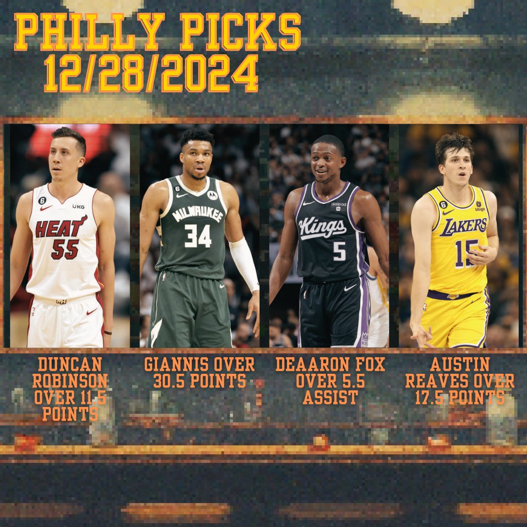 PHILLY PICKS🧀 FOR 12/28/2024

PLEASE SWEEP 🙏

DUNCAN ROBINSON OVER 11.5 POINTS
GIANNIS OVER 30.5 POINTS
DEAARON FOX OVER 5.5 ASSIST
AUSTIN REAVES OVER 17.5 POINTS

LIKE IF YOU ARE TAILING 💛

FOLLOW FOR FREE PROPS‼️‼️
#PrizePicks | #GamblingX | #SleeperPicks | #chalkboard