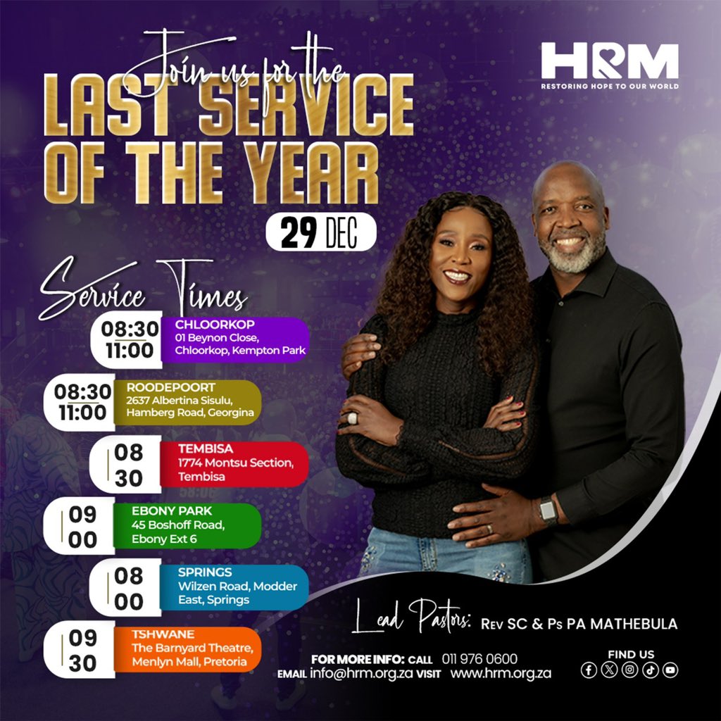 HopeRestoration's tweet photo. Join us as we come together for the final service of the year, reflecting on God’s faithfulness and embracing His promises for the year ahead. Let’s finish strong in worship and gratitude! #HRM #YearEndService https://t.co/qJBS3EL4yX
