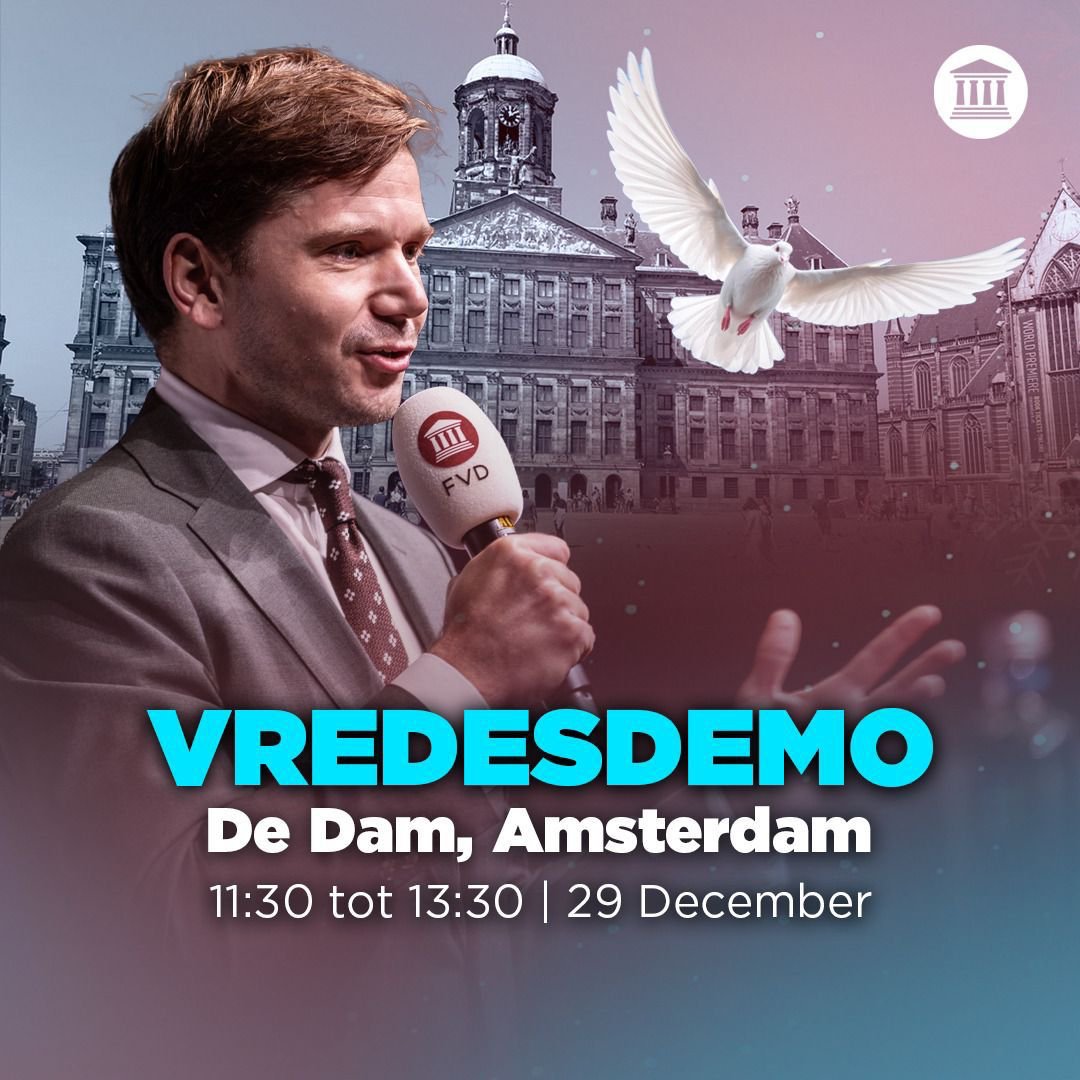 GideonvMeijeren's tweet photo. Rutte doet er alles aan om een Derde Wereldoorlog uit te lokken. Ten koste van onze vrijheid, veiligheid en welvaart.

Morgen sta ik op de Dam om me hier krachtig tegen uit te spreken en te pleiten voor vrede! Wees erbij en sluit je aan bij onze vredesbeweging!

#FVD #Vredesdemo https://t.co/BXW09kXoD3