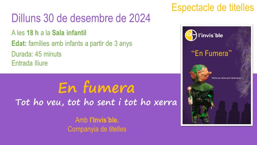 bibliotgn's tweet photo. 👁👂🗣 Coneixeu en #Fumera? És algú que "tot ho veu, tot ho sent... i tot ho xerra"!
Veniu a conèixer-lo a l'espectacle de la companyia L'Invisible Companyia de Titelles @cialinvisible
🗓 Dilluns, 30 desembre⏰️ 18 h
🟢 + 3 anys https://t.co/OHQlp09qlC