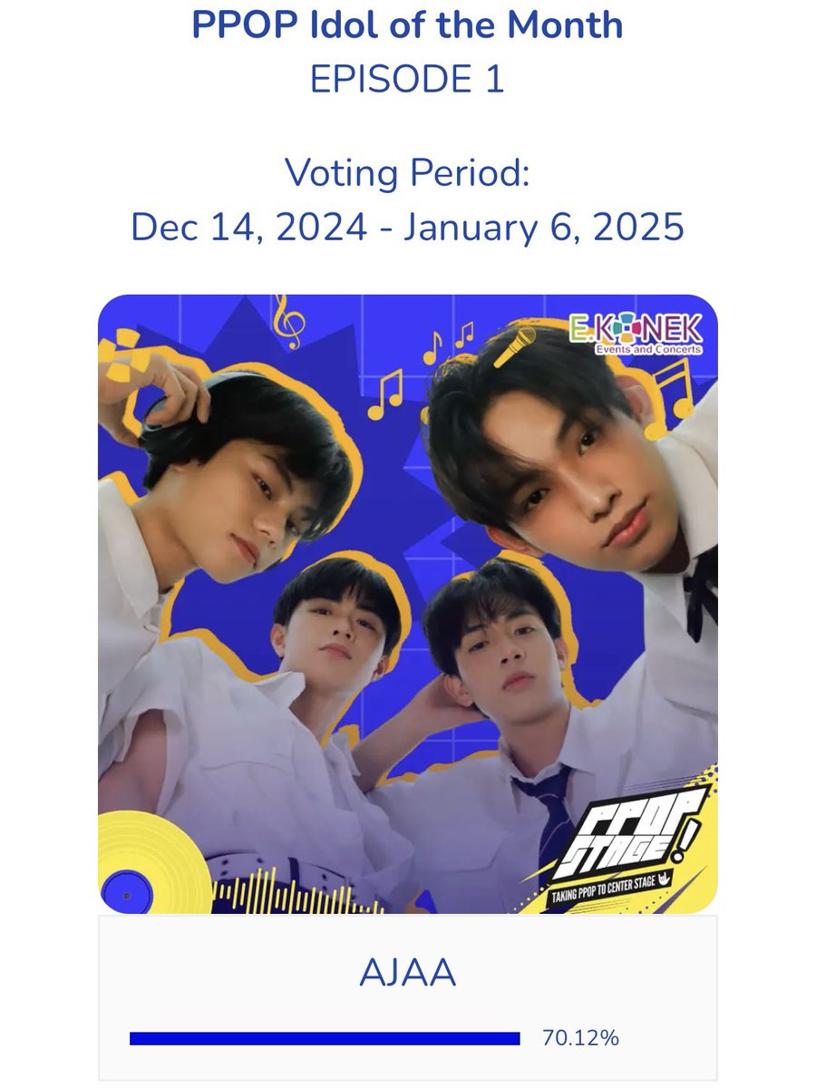 haniesofc's tweet photo. [🗳️] HANIES!

Daily reminder to vote for AJAA for the PPOP Idol of the Month! Maximum of 5 votes per device only! 

We are currently leading with 70.12% votes! Let’s continue to widen the gap, HANIES!

🔗 https://t.co/JRLhav3cQm

🗓 Voting ends on JAN 6, 2025

#AJAA @AJAAofc https://t.co/egklH2DwDJ