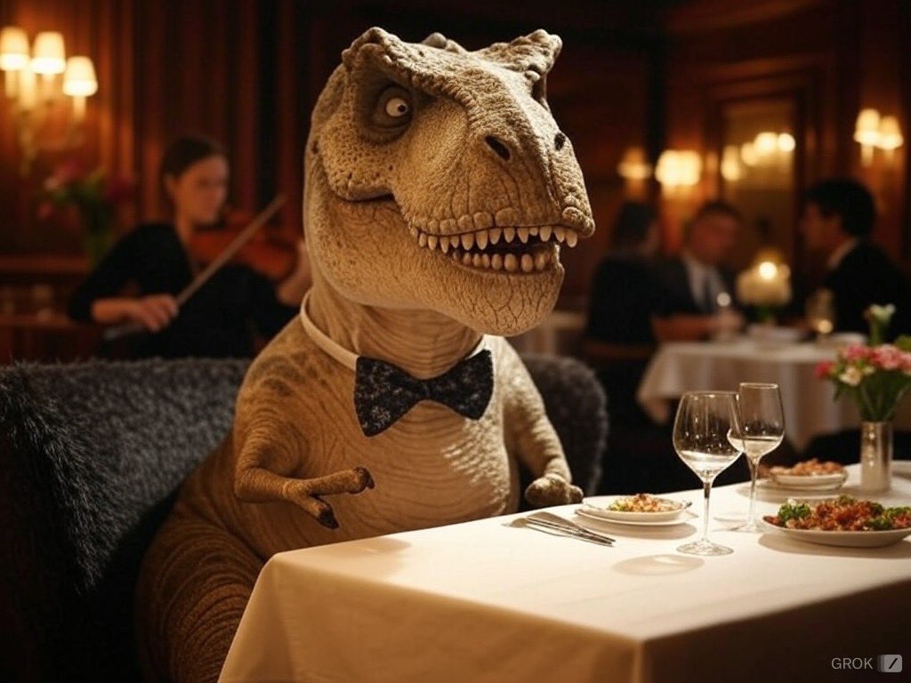 JosexAguilar's tweet photo. I was bored so I decided to ask Grok to make a picture of a Dinosaur eating at a fancy Italian restaurant..

These are results. https://t.co/HQK1eNz4RZ