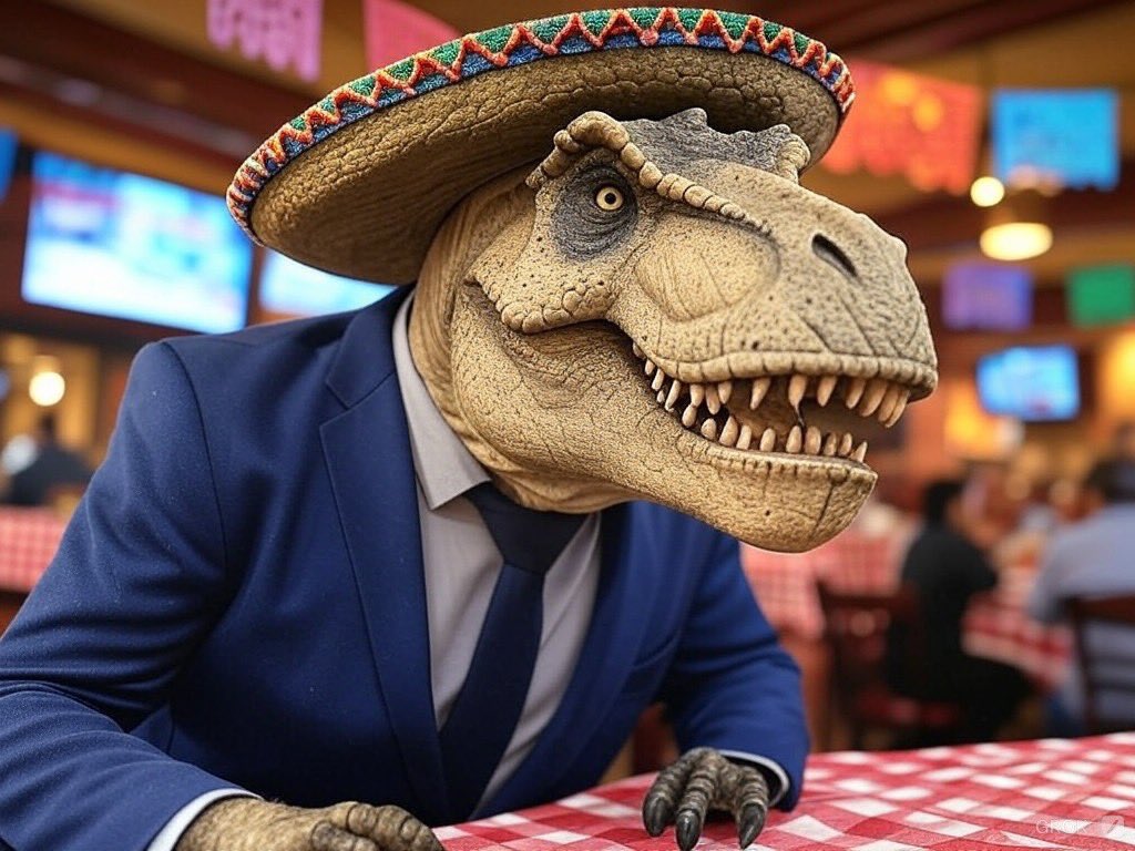 JosexAguilar's tweet photo. Of course, I couldn’t stop there.

I decided to further evolve this concept.

I give you Dinosaur in a sombrero and a suit in a Mexican restaurant. https://t.co/I82Q90nlHL