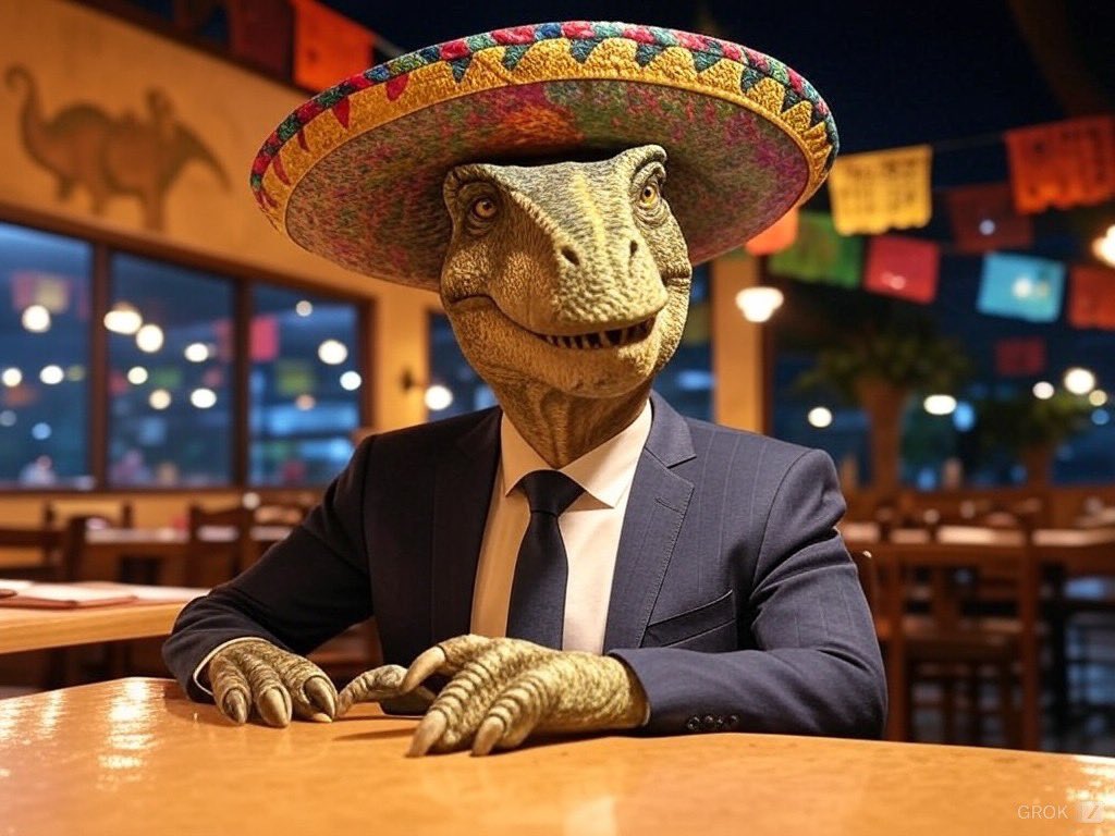 JosexAguilar's tweet photo. Of course, I couldn’t stop there.

I decided to further evolve this concept.

I give you Dinosaur in a sombrero and a suit in a Mexican restaurant. https://t.co/I82Q90nlHL
