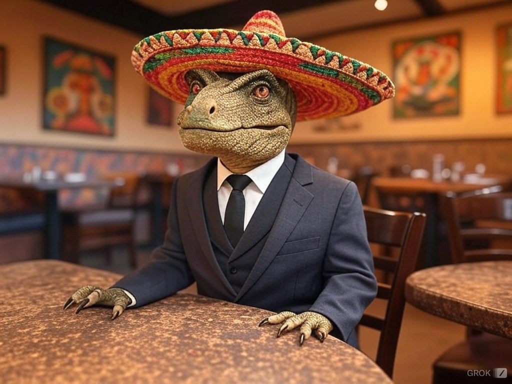 JosexAguilar's tweet photo. Of course, I couldn’t stop there.

I decided to further evolve this concept.

I give you Dinosaur in a sombrero and a suit in a Mexican restaurant. https://t.co/I82Q90nlHL