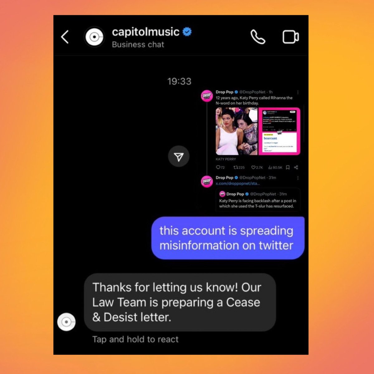 ThePopFlop's tweet photo. Capitol Music Records has been notified about Drop Pop spreading misinformation about Rihanna and Katy Perry in new DM. https://t.co/hl14m88RsN