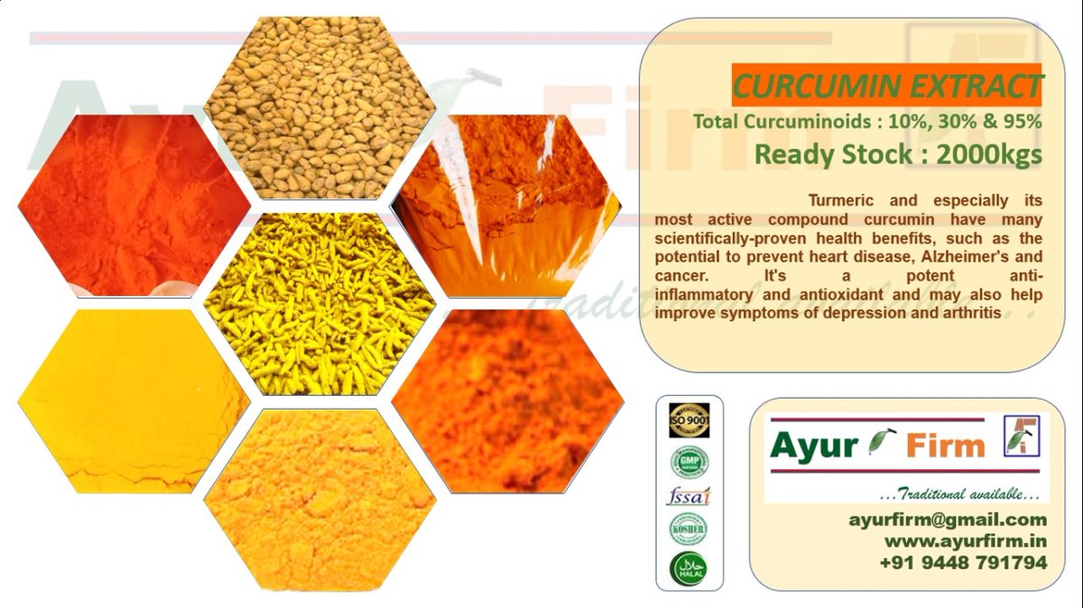 Curcumin 95% (Ethanol, EA grade, 
Synthetic 1 &amp; 3 peak)
Bis demethoxy curcumin 45%
Tetra hydro curcumin 95%
Turmeric extract 10% and 20%
Water soluble curcumin 20%
Turmeric powder 2% to 8%,  Oil, Spent powder &amp; CRTO oil 
 Reach us at ayurfirm@gmail.com and  +91 944 8791 794