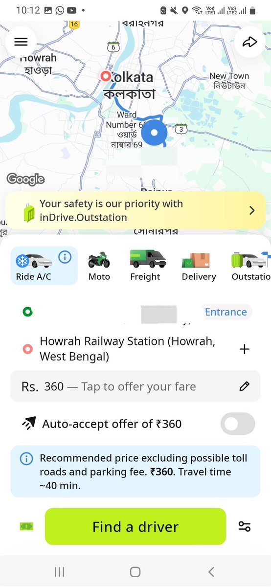 Goodwinthegr8's tweet image. Same distance, same pick up, same drop off location (Howrah station), same day same time

And our homegrown @yatri_sathi is the #costliest again, that too without commission!

From cheapest to costliest, (AC any)
#Indrive - 360
#Uber - 379
#snape - 392
#yatri_sathi - 424