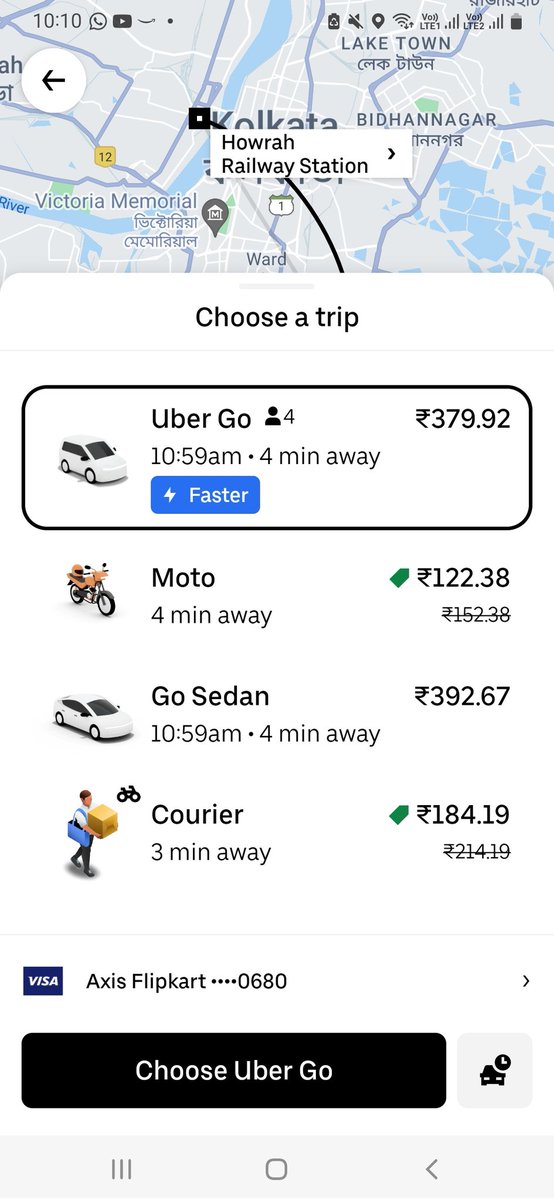 Goodwinthegr8's tweet image. Same distance, same pick up, same drop off location (Howrah station), same day same time

And our homegrown @yatri_sathi is the #costliest again, that too without commission!

From cheapest to costliest, (AC any)
#Indrive - 360
#Uber - 379
#snape - 392
#yatri_sathi - 424