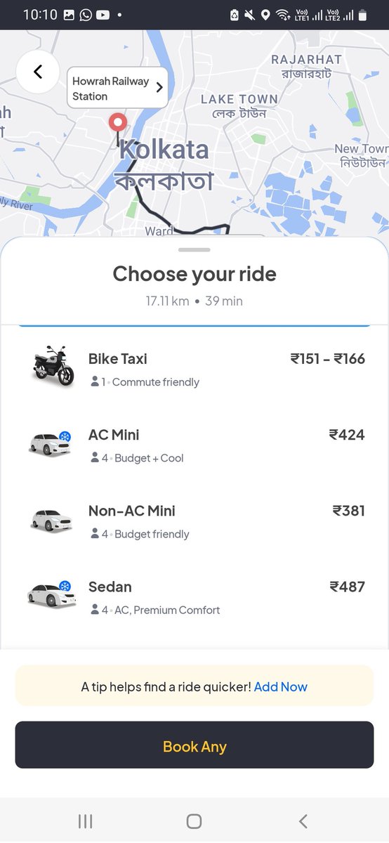 Goodwinthegr8's tweet image. Same distance, same pick up, same drop off location (Howrah station), same day same time

And our homegrown @yatri_sathi is the #costliest again, that too without commission!

From cheapest to costliest, (AC any)
#Indrive - 360
#Uber - 379
#snape - 392
#yatri_sathi - 424