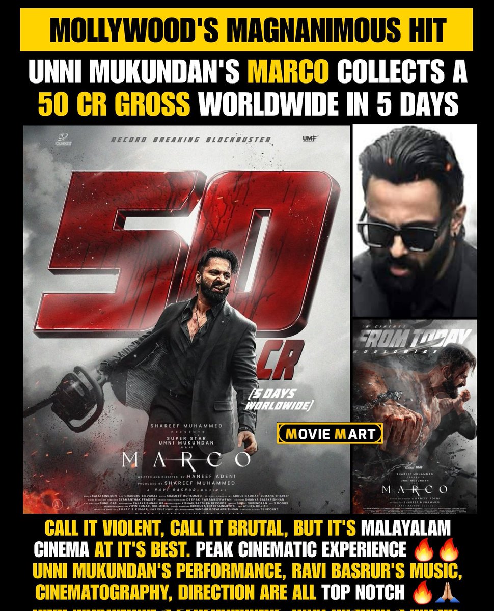 MovieMartMedia's tweet photo. Worldwide Gross🌟 #Marco 55cr+ In 8 Days; #RifleClub 17cr In 9 Days. Unni Mukundan starrer Malayalam film #Marco : Sensational game changer of Mollywood 😄🔥#MalayalamCinema @ it's best in a  new 'Not So Common' genre for Mollywood ❤️❤️ https://t.co/CglZbaJJjJ