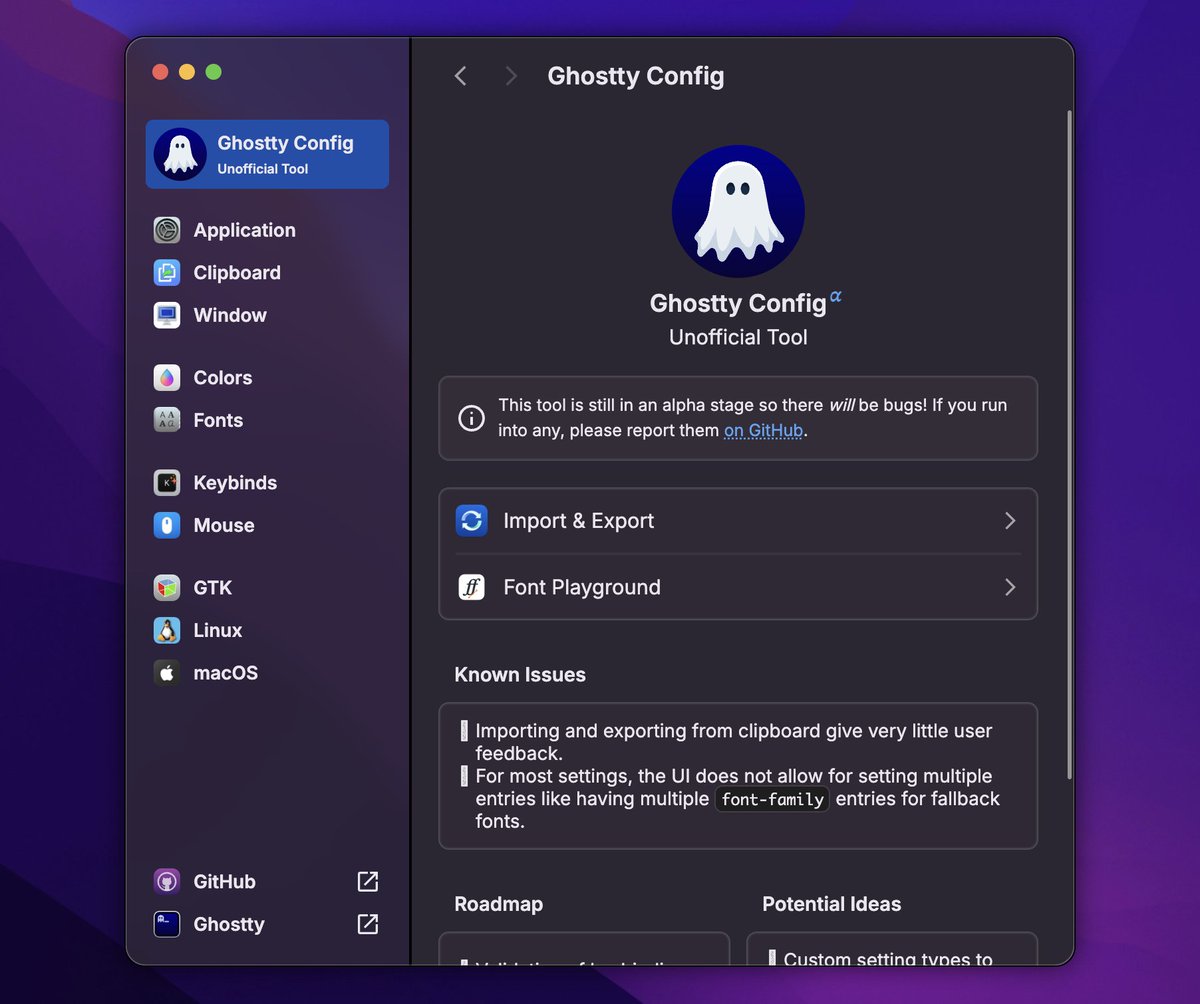 __syumai's tweet image. Ghosttyの設定をいじろうと思って調べたら、Web上のUIで設定を変更して、結果のファイルをexport / importできるツールがあるのを発見した。登場早すぎてすごい

Ghostty Config
ghostty.zerebos.com