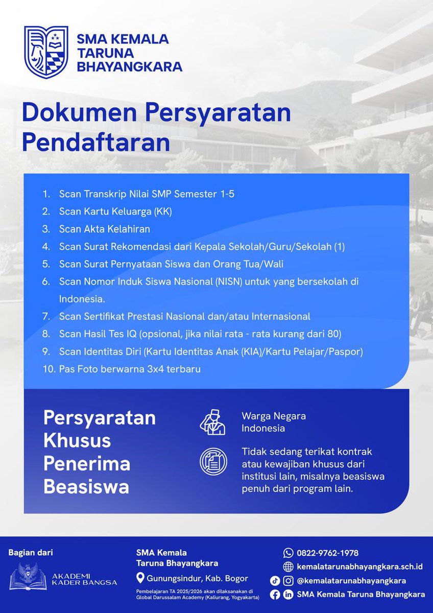 Sdmpoldaaceh06's tweet photo. PENERIMAAN PESERTA DIDIK BARU SMA UNGGULAN KEMALA TARUNA BHAYANGKARA

Penerimaan Peserta Didik Baru (PPDB)
Tahun Ajaran 2025/2026
SMA KEMALA TARUNA BHAYANGKARA
SMA Berasrama dengan Kurikulum IB
Mari menjadi bagian SMA IB Berasrama
yang dikelola manajemen berpengalaman. https://t.co/o2iLb55Mei