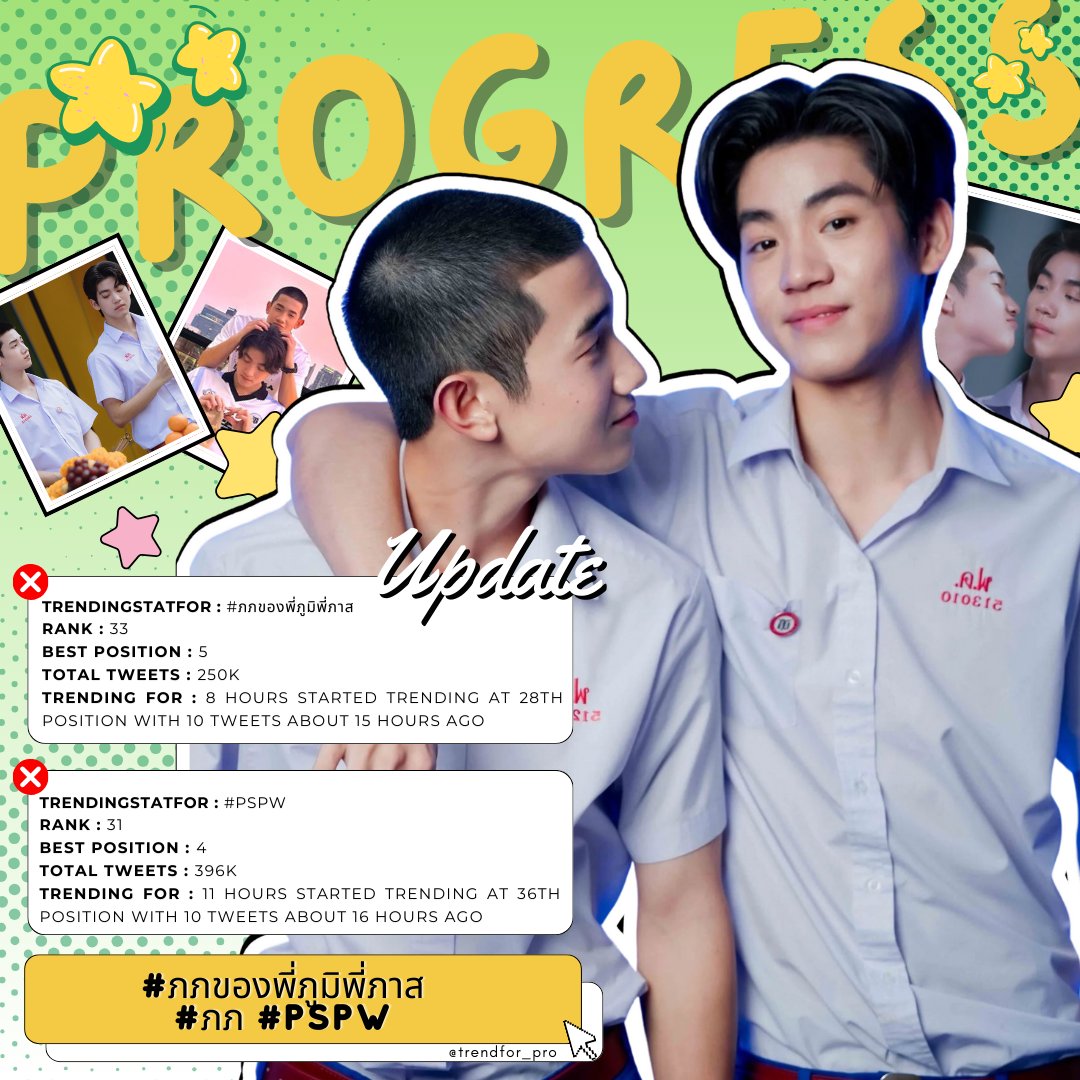 trendfor_pro's tweet photo. ::: Let's to Update :::: ชื่อด้อมโคตรจะปัง 🎉🎉🎉    
#ProgressPassawish, @___progresss___ 
#ภภของพี่ภูมิพี่ภาส, #ภภ #PSPW 

𝗧𝗿𝗲𝗻𝗱𝗶𝗻𝗴 𝘀𝘁𝗮𝘁 𝗳𝗼𝗿 : #PSPW
𝗥𝗮𝗻𝗸 : 31
𝗕𝗲𝘀𝘁 𝗣𝗼𝘀𝗶𝘁𝗶𝗼𝗻 : 4
𝗧𝗼𝘁𝗮𝗹 𝗧𝘄𝗲𝗲𝘁𝘀 : 396K
𝗧𝗿𝗲𝗻𝗱𝗶𝗻𝗴 𝗳𝗼𝗿 : 11 hours Started trending at 36th position with 10 tweets about 16 hours ago

𝗧𝗿𝗲𝗻𝗱𝗶𝗻𝗴 𝘀𝘁𝗮𝘁 𝗳𝗼𝗿 : #ภภของพี่ภูมิพี่ภาส 
𝗥𝗮𝗻𝗸 : 33
𝗕𝗲𝘀𝘁 𝗣𝗼𝘀𝗶𝘁𝗶𝗼𝗻 : 5 
𝗧𝗼𝘁𝗮𝗹 𝗧𝘄𝗲𝗲𝘁𝘀 :  250K
𝗧𝗿𝗲𝗻𝗱𝗶𝗻𝗴 𝗳𝗼𝗿 : 8 hours Started trending at 28th position with 10 tweets about 15 hours ago