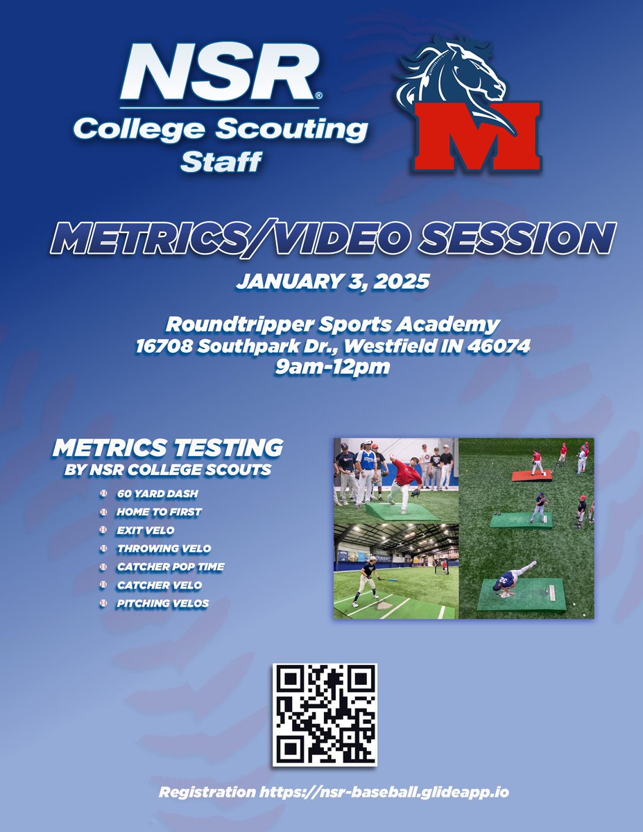 ⚾️NSR Metrics/Combine Video Session in Westfield, IN⚾️

📆 January 3, 2025 * 9am-12pm
📍 Roundtripper Sports Academy
        16708 Southpark Dr.
        Westfield, ON 46074

Register at this link or the QR code below

nsr-baseball.glideapp.io