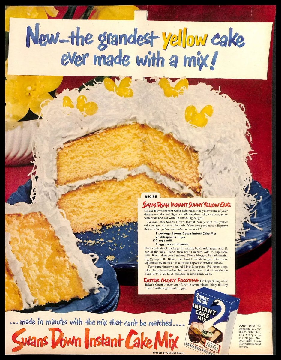 USA_Vintage_Ads's tweet photo. 1952,Swans Down Instant Cake Mix 

#VintagePrintAd #CakeMix #BakingMadeEasy #RetroRecipes #YellowCake #InstantCakeMix https://t.co/Lzas0Rpx6t