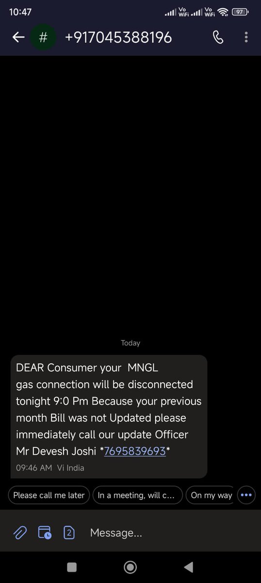 avecyogi's tweet photo. @Cyberdost Receiving constant threats of MNGL discontinuation from phone 917045388196 asking me to call Mr. Devesh Joshi 7695839693 . MNGL has confirmed my connection is valid but I get these repeat threats . My number has been leaked to this person somehow causing this issue. https://t.co/yZuLoC3od9