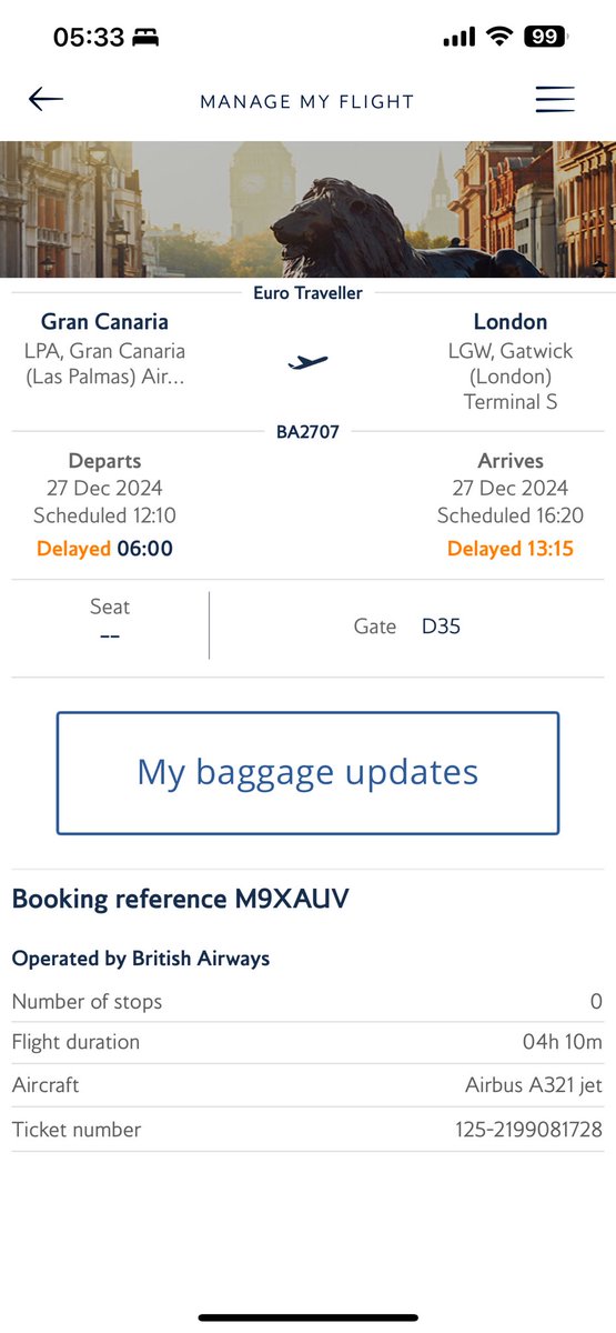 <a href="/British_Airways/">British Airways</a> Please can you confirm the status of the flight below? This was delayed from 12.10 yesterday until 06.00 today and we are still unable to get a gate. Has this been delayed yet again? Thanks.