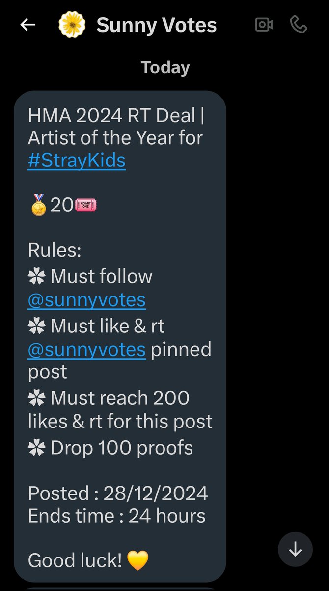 HMA 2024 RT Deal | Artist of the Year for #StrayKids 

🏅20🎟️

Rules: 
✿ Must follow <a href="/sunnyvotes/">Sunny Votes</a> 
✿ Must like &amp; rt <a href="/sunnyvotes/">Sunny Votes</a> pinned post
✿ Must reach 200 likes &amp; rt for this post
✿ Drop 100 proofs

Posted : 28/12/2024
Ends time : 24 hours

Good luck! 💛
