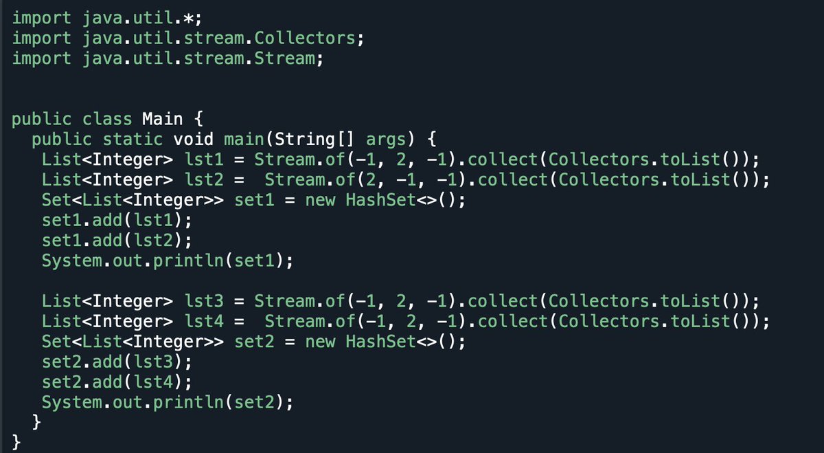 bitbee24's tweet image. Hey, I found a good tricky question on Set data structure ( java). I think it&apos;s  tricky 🙂.

can you guess the output of this?

Options:
A. [[2, -1, -1], [-1, 2, -1]]
     [[2, -1, -1], [-1, 2, -1]]

B. [[2, -1, -1], [-1, 2, -1]]
     [[-1, 2, -1]]

#java #collections #bitbee…