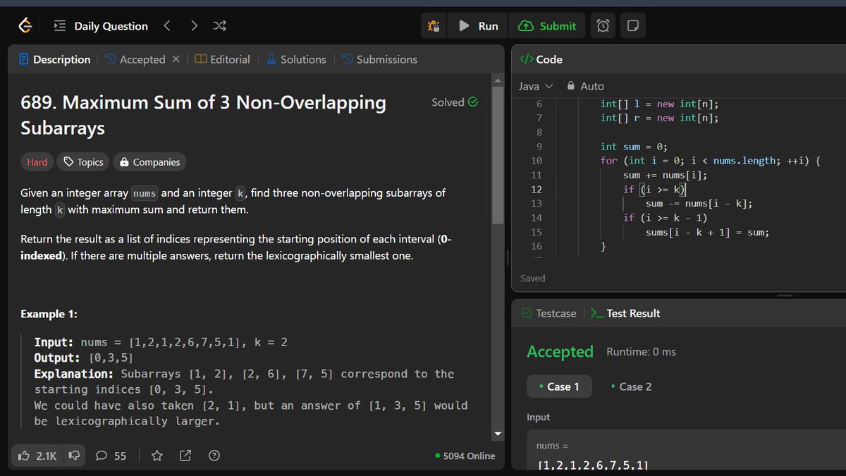 bugbounty02's tweet photo. 💻Day 89 of #100DaysOfCode💻
🎯Challenge Solved:
Today, I tackled the LeetCode challenge "Maximum Sum of 3 Non-Overlapping Subarrays" 🚀. This problem was Hard tagged and truly pushed me to optimize my approach. 💡
#LeetCode #HardChallenges #ProblemSolving #CodingJourney #DSA https://t.co/DzS5HdBxe9