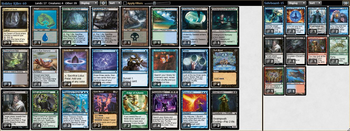 wonderPreaux's tweet image. Top8'd the Friday Legacy Challenge with "Holiday Splash" Turbo Doomsday. The "tech cards" were not, strictly speaking, "good", but don't let that stop your enjoyment of festive-colored spells. Happy Holidays!