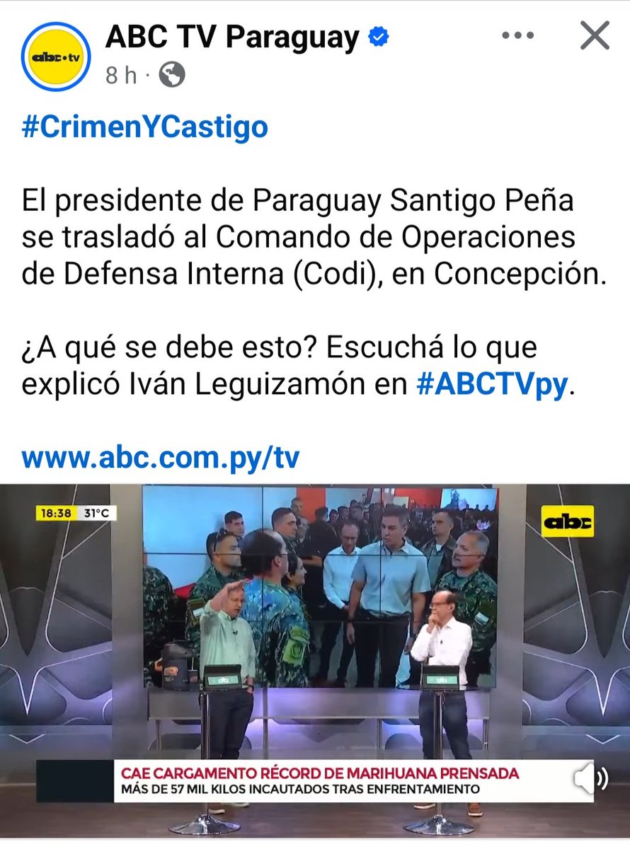 LilianD06613178's tweet image. #CrimenYCastigo

El presidente de Paraguay Santigo Peña se trasladó al Comando de Operaciones de Defensa Interna (Codi), en Concepción.

¿A qué se debe esto? Escuchá lo que explicó Iván Leguizamón en #ABCTVpy.

abc.com.py/tv