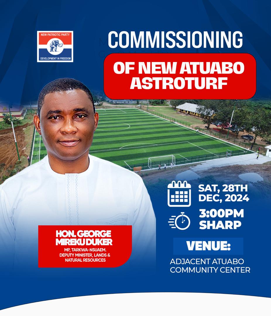 HonDuker's tweet image. Join me to commission an ultra-modern #AstroTurf project for good people of New-Atuabo community today in Tarkwa-Nsuaem Constituency. 

#SportsDevelopment
#TarkwasDevelopment
#NPPsDevelopment 
#3p3PapaaBraaa 
#DukerFactor