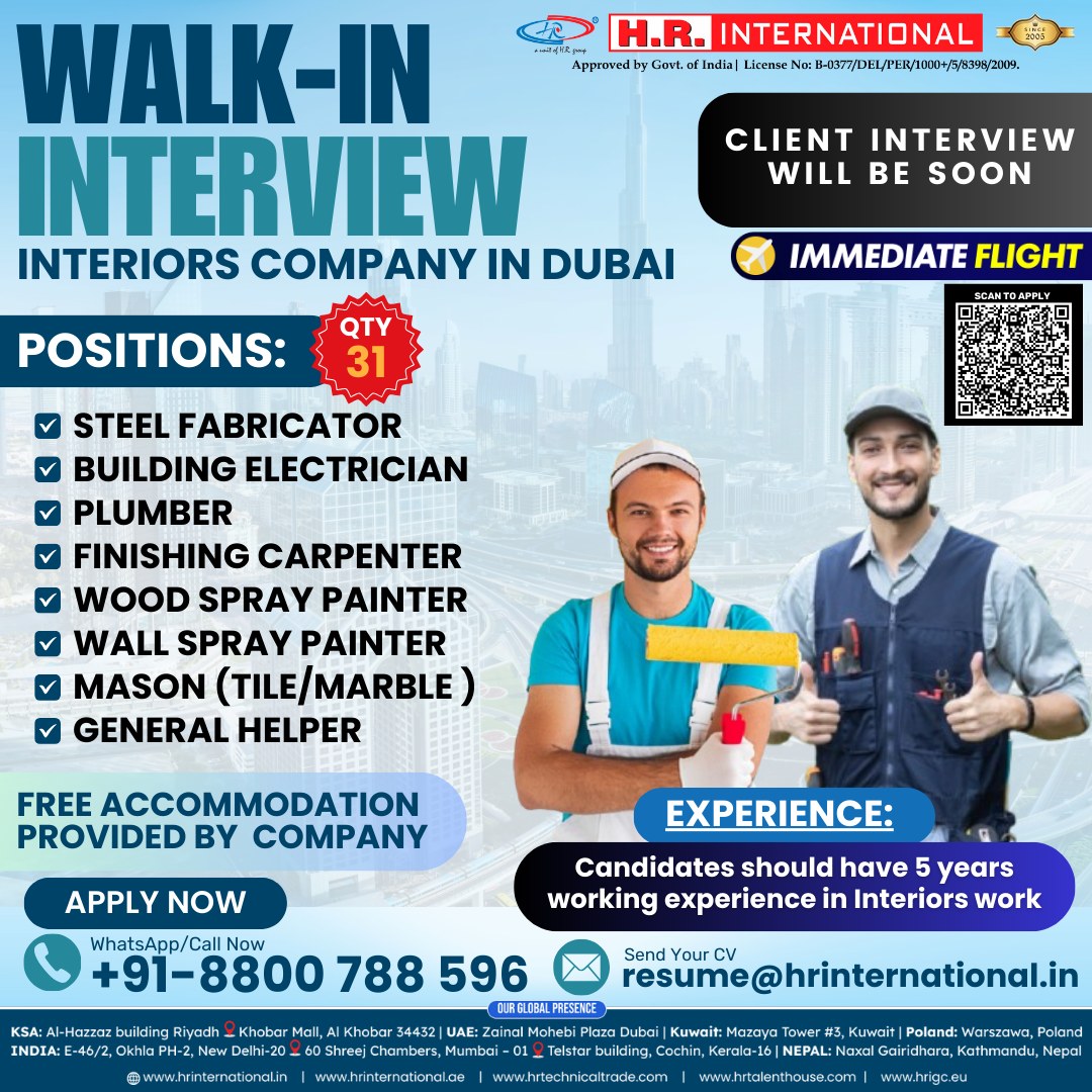 hriuae's tweet image. 🌟 Walk-in interviews for interior work professionals in Dubai! Exciting positions with 5+ years of experience. Free accommodation and immediate flights offered. Don’t miss this global opportunity! ✈️
#WalkInInterview #DubaiJobs #InteriorWork #GlobalCareers #ImmediateHiring