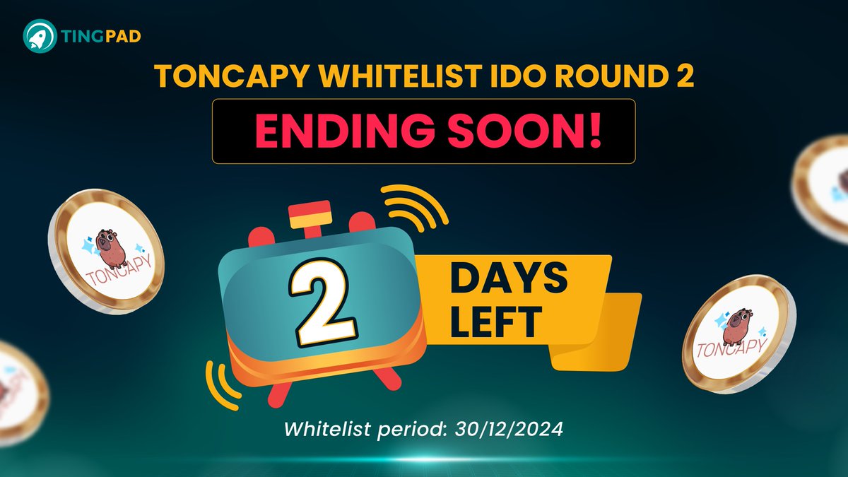 TingPadCrypto's tweet photo. π 10 BIG CEXs, including Tier 2, will list TonCapy on Jan 15, 2025! π
β° Only 2 days left to join TonCapy Whitelist IDO via TingPad!
Top 10 Referrers get $1000/slot!
π Join now:
Community: https://t.co/xzruZXbFsT
KOLs: https://t.co/iIvtfjhcDN
#TingPad #TonCapy #IDO https://t.co/gwuAh0hEBE
