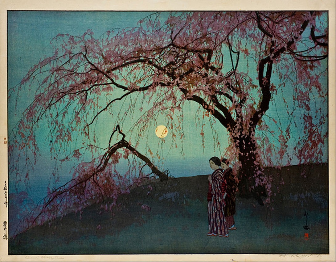 artinsociety's tweet photo. Beauty is fleeting ~ in Hiroshi Yoshida’s woodblock print, Kumoi Cherry Trees (1926), two young women (daughters of a friend of the artist) have gone out for hanami, the traditional custom of enjoying the transient beauty of blossoming flowers https://t.co/0Lw6HPINOl