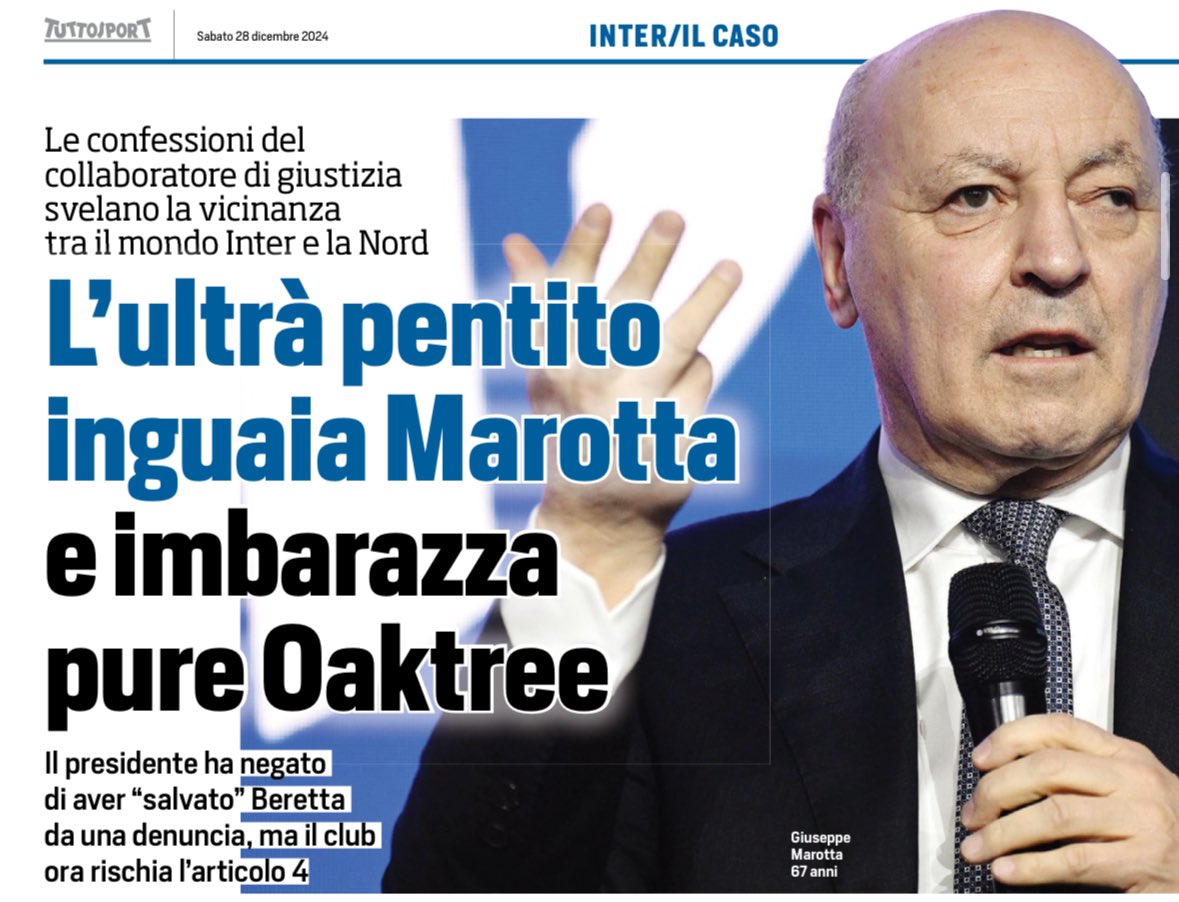Il nuovo filone scoperchiato dalle deposizioni di Beretta, tira in ballo pure il presidente Marotta che lo avrebbe “salvato” da una possibile denuncia. La ricostruzione fatta da Beretta è stata smentita dall’Inter e da Marotta, però sulla vicenda gli inquirenti faranno comunque
