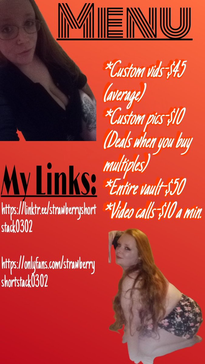 Sshortstack0302's tweet photo. New menu 😋 message me for any questions. OF subscription is still half off for time being usually $7 a month rn only $3.50

#redhead #onlyfans #follow #paypig #realestate #tribute https://t.co/IOKdHhFhSH