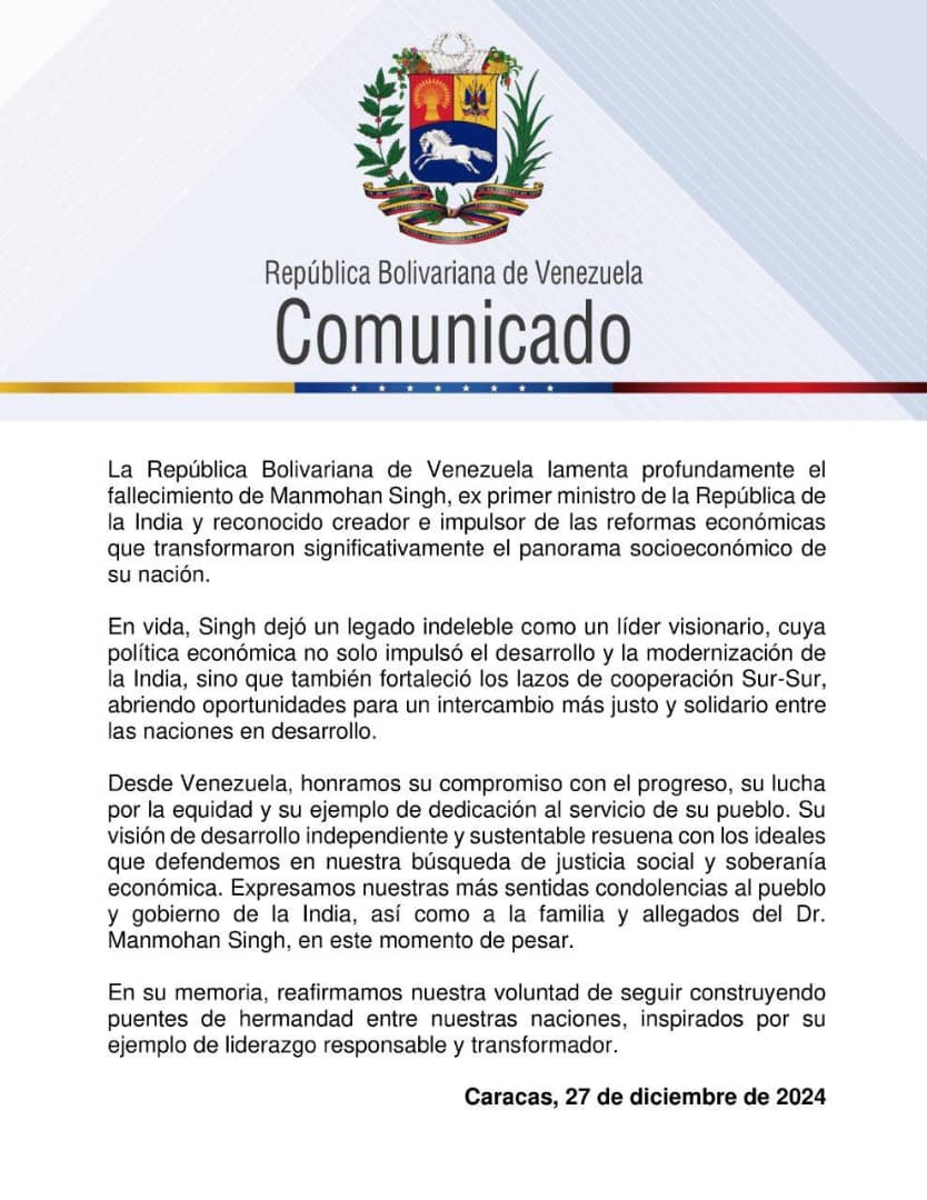 sidhant's tweet photo. Venezuela sends condolences on the demise of fmr Indian PM Manmohan Singh https://t.co/Rgi1AXvQRO