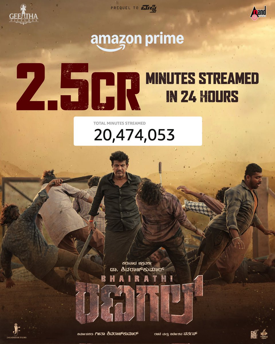 #BhairathiRanagal

ಬೆಳ್ಳಿ ಪರದೇ ನಂತರ ಈಗ OTT ಅಲ್ಲೂ ರಣಗಲ್ ಹವಾ
2.5 CR minutes streamed in 24 hrs 🔥
 
#BhairathiRanagal Streaming on <a href="/PrimeVideo/">Prime Video</a>