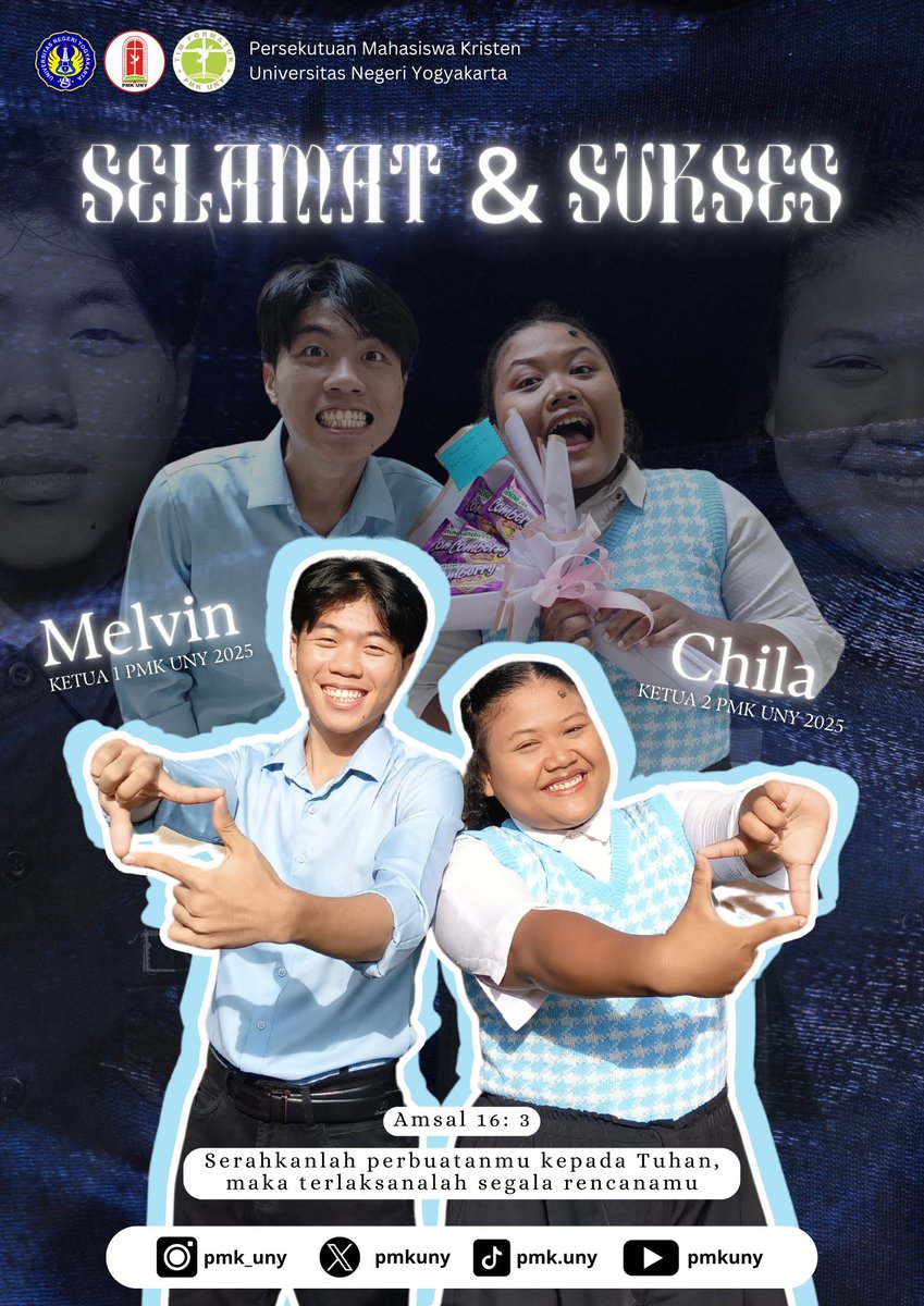 pmkuny's tweet photo. Shalom Fams
Puji Tuhan pada Sabtu, 21 Desember 2024 telah dilaksanakan Pemilihan Ketua PMK UNY 2025. Selamat kepada pasangan terpilih. 
Ketua 1: Melvin Yehezkiel Handoko (FMIPA 22)
Ketua 2: Prischilla Meilany Putri (FEB 22)

Selamat membawa perubahan untuk PMK yang lebih baik 🙏 https://t.co/GFhb144fyM