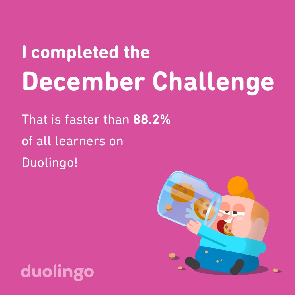 jk_seriously's tweet photo. I completed the December challenge faster than 88.2% of all learners on Duolingo! https://t.co/kWJobycj3j