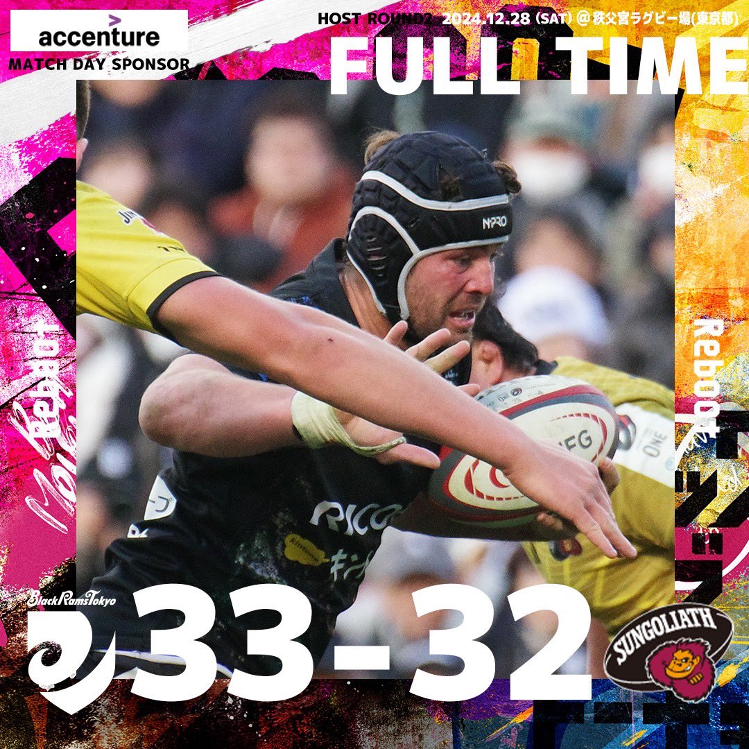 RICOH_BlackRams's tweet photo. 【FULL TIME】
🏆#NTTジャパンラグビーリーグワン 2024-25 第2節
🗓️2024年12月28日(土) 13:00K.O
🆚#東京サンゴリアス
🏟️秩父宮ラグビー場(東京都)

🔥WIN🔥
⚪️BR東京 33-32 東京SG⚫️

約20年ぶりの公式戦での勝利、そして悲願のホスト開幕戦での勝利となりました✨

来週はさらにギアアップして、新年初勝利を掴みたいと思います💪🏻

#ラムズファミリー の皆様
本日も熱い応援ありがとうございました🐏🏴

🔗https://t.co/bcDviGbKdp

#BlackRamsTokyo #ブラックラムズ東京
#LeagueOne #リーグワン #Reboot
#Accenture #アクセンチュア
#アクセンチュアマッチデー